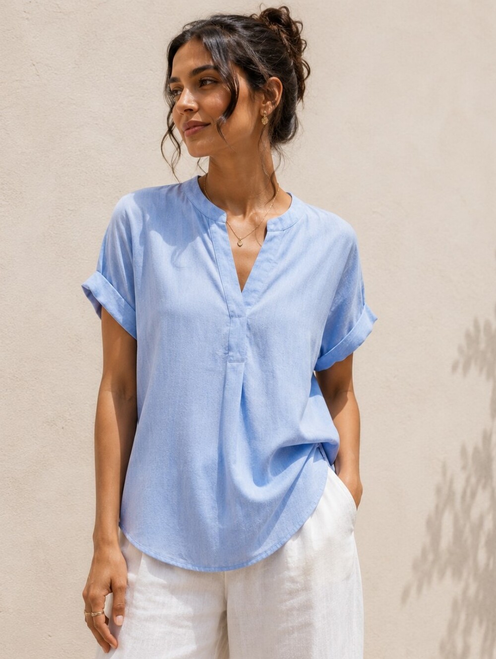 RACHEL Rachel Roy | Light Blue Short Sleeve V-Neck Blouse, Size L